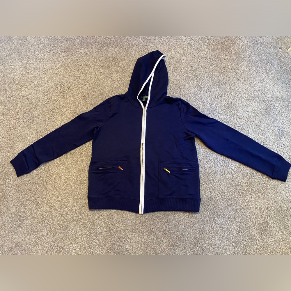 Lauren Ralph Lauren navy blue zip-up hoodie in size large. 100% cotton.